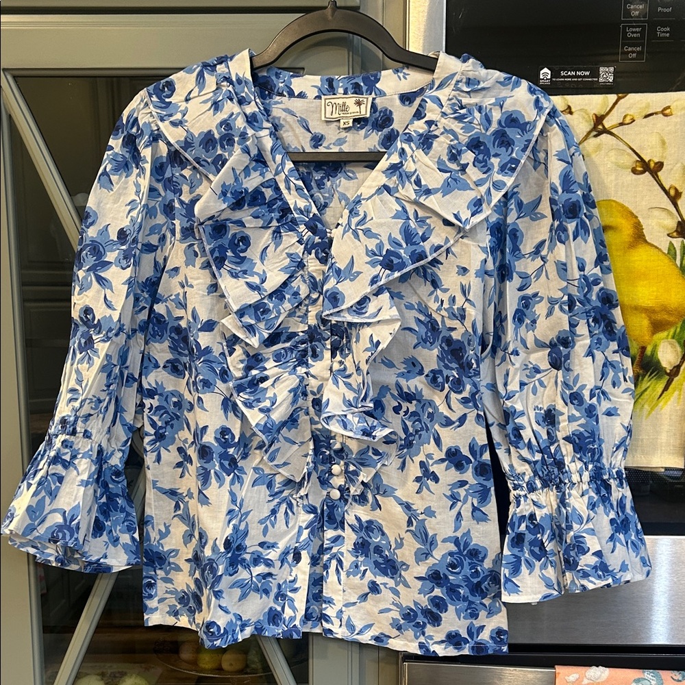 Mille Blue Cotton Floral Toile Ruffle Blouse French Coquette XS